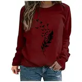 DeaAmyGline Damen Pullover Sweatshirt Langarmshirt Feder Gedruckt T Shirt Langarm Oberteile Elegant Tshirt Lässig Locker Tunika Tops Bluse Rundhals T-Shirts Sweatshirts Frauen Teenager Mädchen