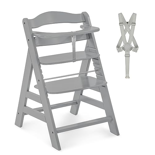 hauck Hochstuhl Alpha+ für Kinder ab 6 Monaten bis 90 kg, inkl. Schutzbügel, 5-Punkt-Gurt & Schrittgurt, mitwachsender Kinderhochstuhl aus FSC® zertifiziertem Buchenholz (Grey)
