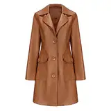 TOKYMOON Lederjacke Damen Lang Elegant Trenchcoat Damen Ledermantel Reverskragen Knöpfen Einfarbige Kunstleder Übergangsjacke Langarm PU Leder Jacke Windjacke Lederjacke Braun XL