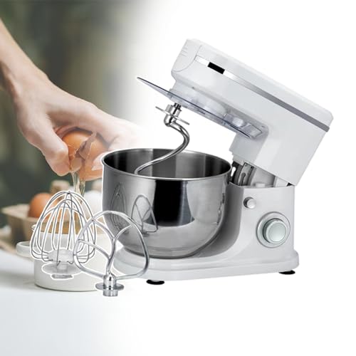 Teigmixer Standmixer, Backmixer, Mit Teighaken Und Edelstahl Eikorb Und Mixpaddel, Design Mit Neigbarem Kopf, 6L Edelstahl Rührschüssel, Einfach Zu Bedienen,Weiß