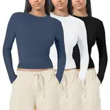 OUMSHBI 3er Pack Slim Fit Langarmshirt Damen – Einfarbig Y2K Enges Cropped Top Basic, Rundhals Unterziehshirt, Crop Tops Kompressionsshirt Pullover,Elegant Sexy Oberteile, Skims Dupe Longsleeve