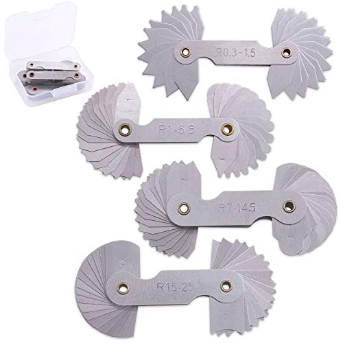 Glarks 4 Pack R0.3-1.5/ R1-6.5/ R7-14.5/ R15-25 Radius Gauge Set, Stainless Steel Radius Fillet Gage Portable Concave Convex Measuring Tool for Tool and Die Makers Check