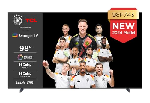 TCL 98P743 98-Zoll-4K-Fernseher, WCG, UHD, HDR PRO, 144Hz, Motion Clarity PRO, Dolby Vision IQ. Dolby Atmos, AIPQ, Game Master Pro 2.0, Smart TV unterstützt von Google TV, Kompatibel mit Alexa