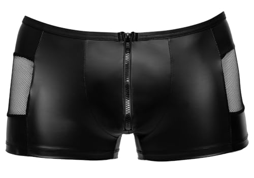 Orion Herren-Pants - sexy Boxer-Shorts für Männer, mit Front-Reißverschluss, transparenten Netz-Einsätzen, Latex-Optik, eng anliegend, schwarz