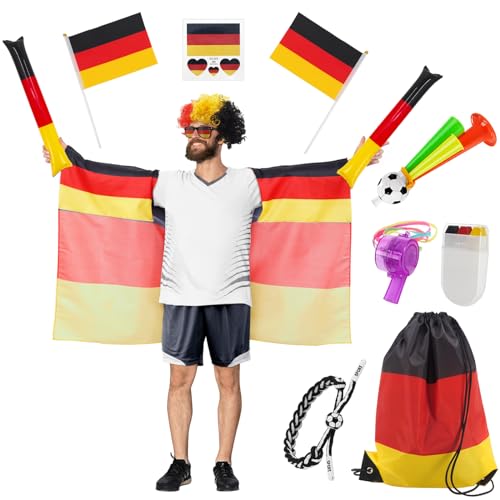 Deutsche Fußball-Fan-Pack 11 Stück für Frauen Männer und Kinder, wie Flagge Mantel & aufblasbare Cheering Stick, Kordelzug Tasche, Pfeife, Horn für Fußball-Wettbewerb Europameisterschaft (Men's)