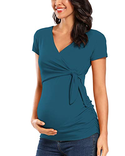 Damen Stillshirt Kurzarm V-Neck Umstandsshirt mit Stillfunktion, Soft Nursing Top für Schwangere (DE/NL/SE/PL, Alphanumerisch, XL, Regular, Regular, Pfauen blau)