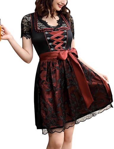 KOJOOIN Kurz Dirndl Damen 3Tlg. Trachtenkleid Midi für Oktoberfest mit Spitzenschürze Schwarz 40