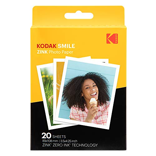 KODAK 3,5 x 4,25 Zoll Premium-Zink-Fotodruckpapier (20 Blatt) kompatibel mit der KODAK Smile Classic-Sofortbildkamera, 20 Pack