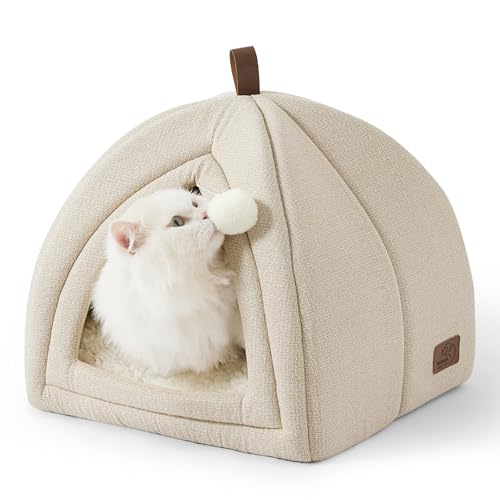 BEDSURE Katzenbett große Katzen Katzenhöhle- 40x40x40 cm Katzenhaus Indoor mit abnehmbarem Sherpa Katzenkissen und hängendem Spielzeug, Katzen Bettchen waschbar, beige