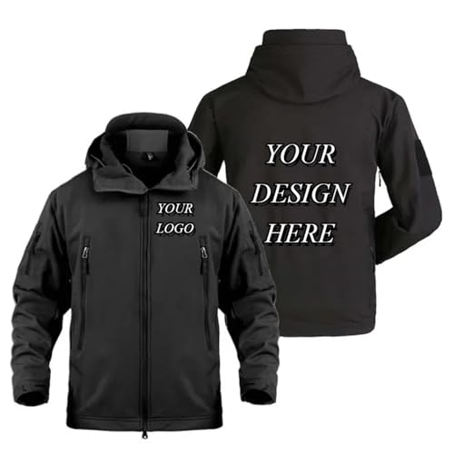 XEDLIY Personalisierte Outdoor Herren Jacken Benutzerdefinierte Ihren Text Logo Winter Fleece Warm Mehrere Taschen Reißverschluss Mantel Black,L