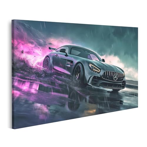 islandburner Bild auf Leinwand Neonregen Mercedes AMG im Sturm für Wohnzimmer Autoliebhaber Autohaus Bilder Wandbilder Poster