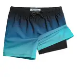 MaaMgic Badehose Jungen Kinder | Schnelltrocknend Kurz Swim Shorts für Kleine | 2 in 1 Badeshorts mit Kompression Innenhose Taschen Verstellbare Tunnelzug MEHRWE,25 Blau und Schwarz,10-12 Jahre