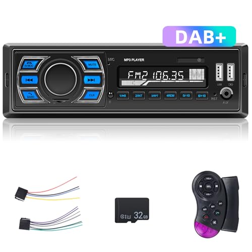Podofo DAB+ 1 Din Autoradio mit Bluetooth, Autoradio mit 7 Farben/USB*2/FM/AUX/TF/SWC/Freisprech-MP3-Player-Autoradio + 32G TF-Karte