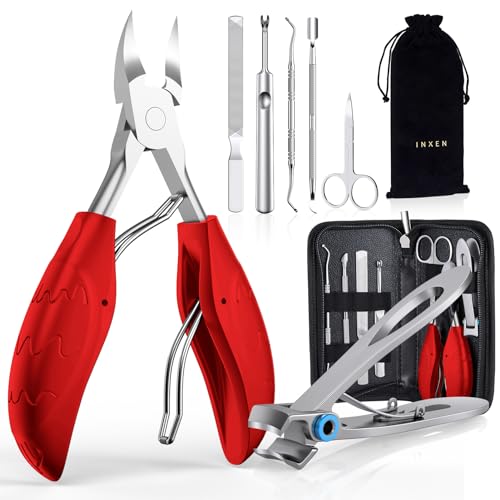 INXEN Profi Maniküre Nagelknipser Set, Scharf Nagelzange für Dicke Eingewachsene Fußnägel, Edelstahl Pediküre Fusspflege Nagelknipser, 7 Pcs Maniküre Set mit Nagelschere Nagelhautschere Nagelfeile,Rot