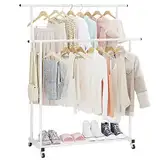 Calmootey Kleiderständer mit Doppelstange, rollbarer Kleiderständer, tragbarer Kleider-Organizer für Schlafzimmer, Wohnzimmer, Bekleidungsgeschäft, Weiß