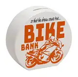 Bike Bank Spardose in orange zum Thema Motorradkauf und Motorrad Fahren schöne Sparbüchse Geschenk für Sparfüchse die Träume eines Bikers mögen oder Sich ihren eigenen Traum
