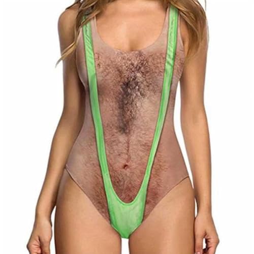 Lustiger Damen-Badeanzug mit 3D Brusthaar-Druck – Witziger Monokini mit -Muskeln, Schnelltrocknend & Bauchweg-Effekt für Strandparty, Kostüm-Events (Green, L)