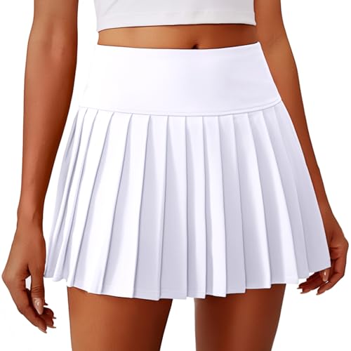 PINSPARK Damen Plissierte Tennisrock mit Taschen Hohe Taille Tennis Skort V-Bund Faltenrock Sportrock Minirock UV Schutz Röcke Hosenrock Golfrock Workout Outdoor Laufen Weiß M