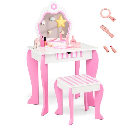 DREAMADE Schminktisch Kinder mit Hocker und abnehmbarem Spiegel, Kosmetiktisch, Frisierkommode, Prinzessin Frisiertisch, Kinderschminktisch mit Schublade für Kinder Mädchen Rosa