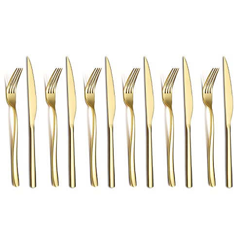 Gold Steak Besteckset 12-Teilig, Premium Edelstahl 6 Tafelgabeln und 6 Tafelmesser-Set, Steakmesser Steakgabeln für 6 Personen, Spülmaschinenfest (Glanzendes Gold)