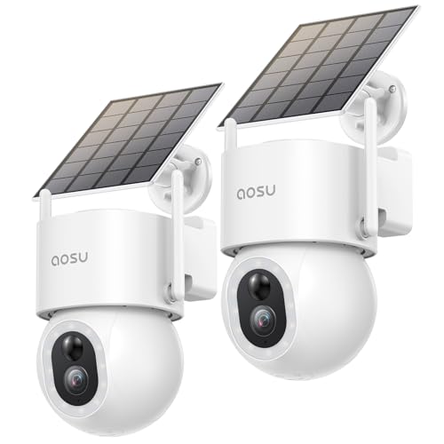 AOSU 3K 5MP Überwachungskamera Aussen Solar Akku, 360° PTZ, 2-in-1 Überwachung und Beleuchtung, AI-Erkennung Person Auto, Haustier, Zaun, Licht- & Tonalarm, 2-Wege-Audio, Farb-Nachtsicht, 2 STK