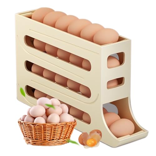 Eierhalter für Kühlschrank, 4 Etagen Automatisch Rollender Eierbehälter für Kühlschrank, Große Kapazität, Eierhalter für 30 Eier, Kühlschrank Organizer für Eieraufbewahrung (Beige)