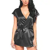 Frauen Sexy Dessous Outfit, Bademantel Damen Satin Kimono Morgenmantel Nachthemd Spitze mit Gürtel Kurz Robe Nachtwäsche Weiter Ärmel Sleepwear für Party Hochzeit Braut Brautjungfern