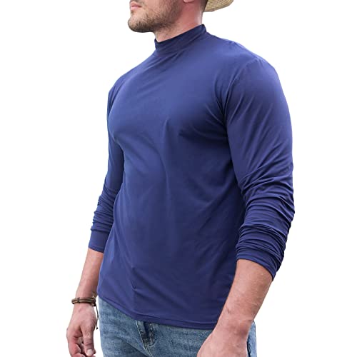 Remxi Herren Langarm Undershirt Rundkragen Baumwolle T-Shirts Einfarbig Elastische Oberteile, Armyblau L