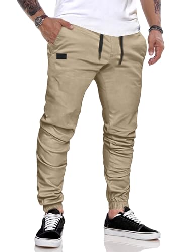 JMIERR Chino Hose Herren Cargo Hose Jogginghose Herren Baumwolle Cargohose Casual Freizeithose Elastische Taille mit Kordelzug Sweatpants Herren mit Taschen, Khaki S