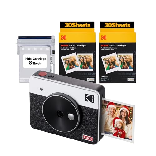 Kodak Mini Shot 3 Retro 4PASS 2-in-1-Sofortbildkamera und Fotodrucker, Tragbar (7,6 x 7,6 cm) + Paket mit 68 Blatt, Weiß