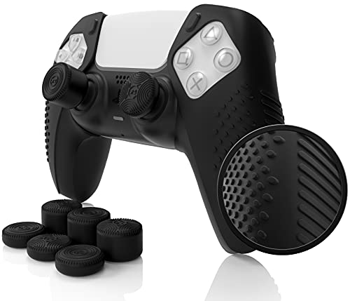 SensePro Grip Skin Set für Playstation 5 Controller (DualSense) von Foamy Lizard – schweißfreie PS5-Silikonhaut mit flachen Anti-Rutsch-Stollen plus 8 QSX-Elite erhöhten Daumengriffen (schwarz)