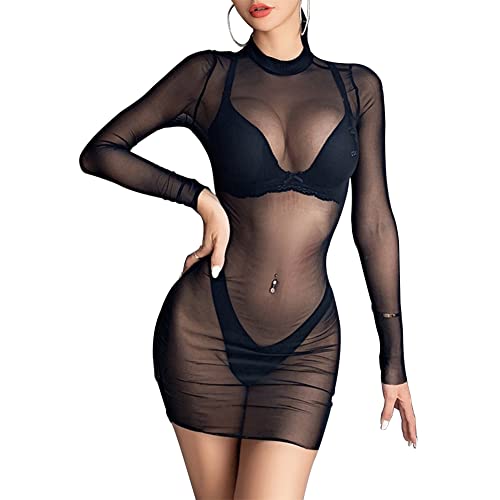 Durchsichtiges Blusenkleid Sexy für Damen Schwarz Kleid Minirock mit Langen Ärmeln Bikini Cover Up Halbtransparentes Feines Netz Rundhalsausschnitt Minikleid Netz Shirt Strandkleid Sommertop