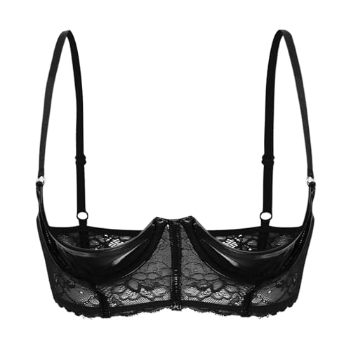 FEESHOW Damen Hebe BH Brust Offen Transparente Spitze/Leder Bra Mit Bügel Verführerische Dessous Reizwäsche Oberteile A_Schwarz 5XL