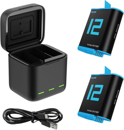 TELESIN Dreifach-Ladegerät und Akku-Speicherbox mit 3 Kanälen Ladegerät mit 2 wiederaufladbaren Lithium-Ionen-Akkus für GoPro Hero 12 Hero 11 Hero 10 Hero 9 Black (Ladegerät + 2 Akkus)