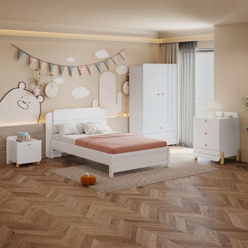 Dolamaní Jugendzimmer Möbel Komplett Set-1x Einzelbett 90x200 cm & 1x Nachttisch mit 3 Schubladen & 1x Nachttisch mit 1 Schubladen & 1x Kleiderschrank, Bett für Jungen Mädchen(Weiß- Komplett Set)