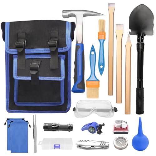 19-teiliges Geology Rock Pick Hammer Kit, 23 oz Hammer & 3 Stück Digging Chisels Set für Rock Hounding, Gold Mining & Prospekting, Equipment Tool mit Blow-and-Suck Ball, Whistle (Stil 1)