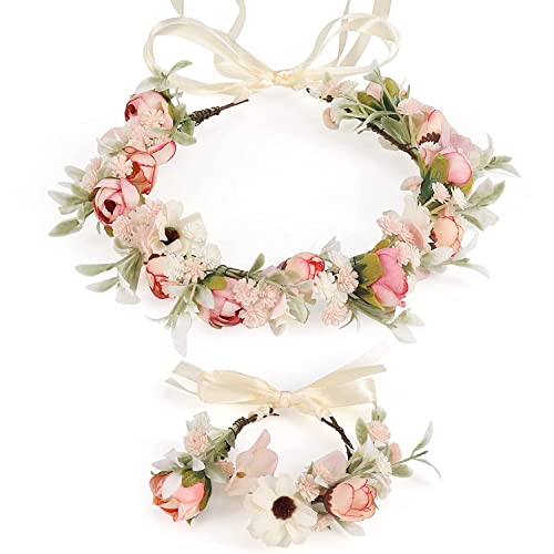 Blumenkranz Blume Krone Stirnband, Rose Braut Haarschmuck mit Armband-Set, GuKKK Blumenstirnband Verstellbarer Gürtel, Haarbänder Floral Girlande, für Damen Hochzeit Zeremonie Festival Party Strand