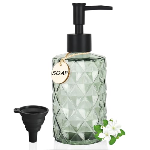GKSCXEXE 330ml Seifenspender Grün, Spülmittelspender Küche, Glas Handseifenspender für Bad, Pumpspender mit Hölzerne Etiketten, Schwarzer Trichter, Kunststoffpumpe für Duschgel, Shampoo