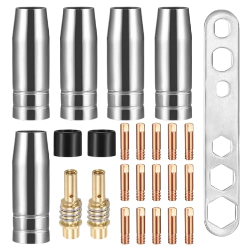 YUFFQOPC 25 Pcs Verschleißteile Set, Schweißzubehör Passend AK-15/MB-15 MIG, Schutzgasschweißgerät Zubehör,5 x Gasdüsen,15 x Powerdüsen M6 0,8 mm,2 x Düsenstiel,2 x Isolatoren, 1 x Schraubenschlüssel