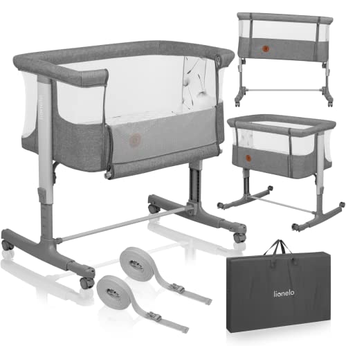 Lionelo Aurora 3 in 1 Babybett bis 9 kg, Beistellbett, Wiege, Höhenverstellug und Einstellung der Neigung der Matratze, 4 Räder mit Bremse Ergonomische Matratze Tasche