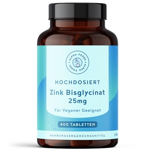 Zink 25mg - 400 vegane Tabletten - 1+ Jahr Vorrat - Zink Bisglycinat Hochdosiert - Hohe Bioverfügbarkeit - In Deutschland produziert & Laborgeprüft - Für Immunsystem, Haut, Haare & Nägel - Alpha Foods