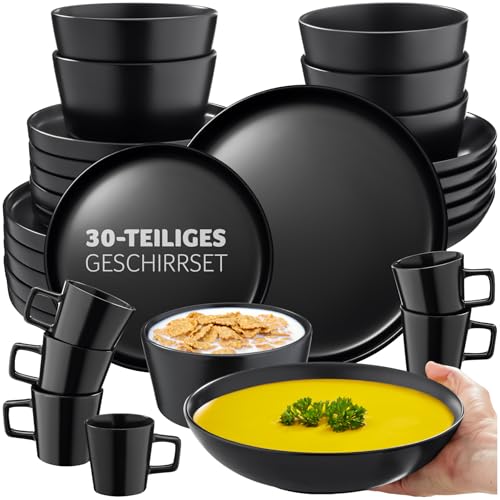 tectake® Geschirrset, Tafelservice 6 Personen, Steingut Geschirr Set schwarz, Teller Set mit Schalen, Kaffeetassen, Speiseteller, Frühstücksteller, tiefe Teller und Schüsseln - 30-tlg.