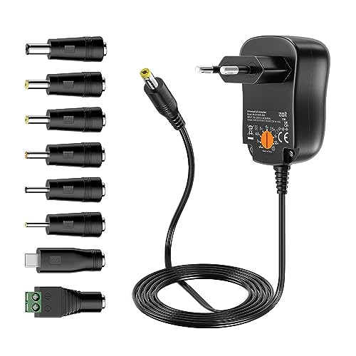 Zolt 12W Universal Netzteil AC zu DC 3V 4,5V 5V 6V 7,5V 9V 12V 1A Schaltnetzteil mit 8 DC-Steckern für Lautsprecher Kamera Lampe Tablet und mehr Haushaltselektronik, 1000mA max.