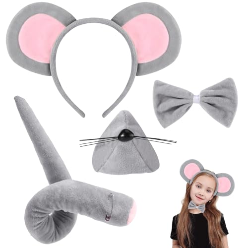 JSMTKJ 4-teiliges Mauskostüm-Set mit Haarband, Nasen, Fliege & Schwanz – Tierkostüm-Accessoires für Erwachsene/Kinder zu Halloween, Mottopartys, Kindertag & Rollenspiel