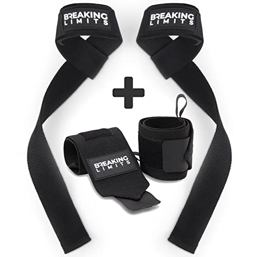 Breaking Limits Set aus Lifting Straps & Wrist Wraps - 2 Handgelenkbandagen, 2 Zughilfen - Krafttraining, Gewichtheben, Kraftsport, Bodybuilding, Krafttraining, Powerlifting