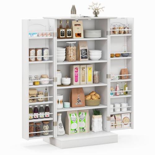 COSTWAY Küchenschrank, Vorratsschrank, Aufbewahrungsschrank mit 2 Türen & 6 verstellbaren Einlegeböden, Mehrzweckschrank für Küche, Wohnzimmer, Esszimmer, 60 x 40 x 120 cm, Weiß