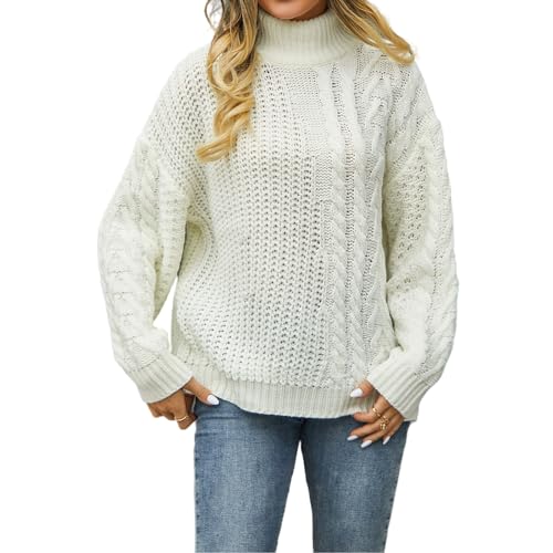 HEYPORK Damen Herbst Winter Warm Bequem Pullover Casual Mode Strickjacke Strickpullover Frauen Pullover Twist Knit Loose Half High Neck Pullover(Weiß, L)