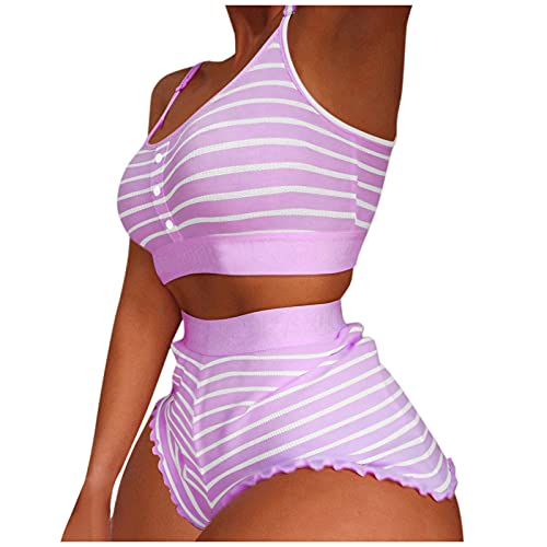 Generisch Dessous Set Ärmellose Damen Pyjamas Sexy Nachtwäsche Druck Shorts Anzüge Sets Kuscheltier Temperament Sport Trainingsanzug Verkürztem Oberteil Elegante Atmungsaktiv Jogginganzug (Purple, L)