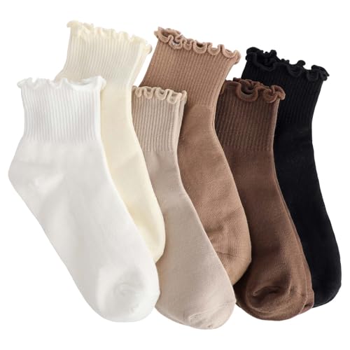 TIESOME 6Paar Rüschen Socken, Damen Baumwolle Söckchen, Strick Socken Einfarbige Socken Sneakersocken Socken mit Rüschen für Damen Mädchen(Schwarz+Weiß+Beige+Khaki+Hellbraun+Dunkelbraun)