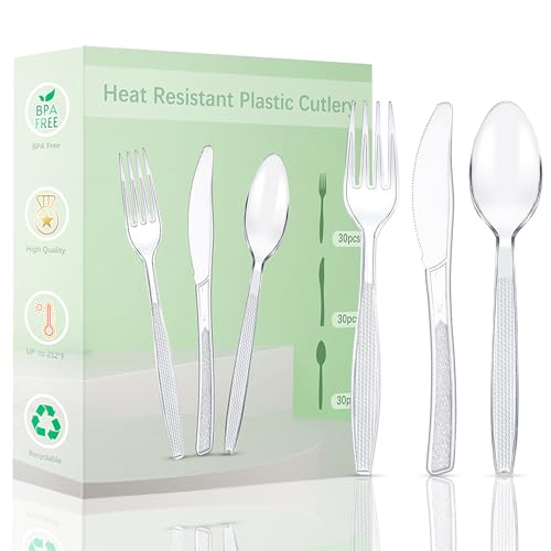 Plastikbesteck Set 90 Stück,30 Plastikgabeln,Messer und PlastikLöffel,Wiederverwendbar PlastikBesteck Durchsichtig und Robustem Bestecksets für Geburtstagsfeier Grillparty Hochzeit ect (Stil 1)